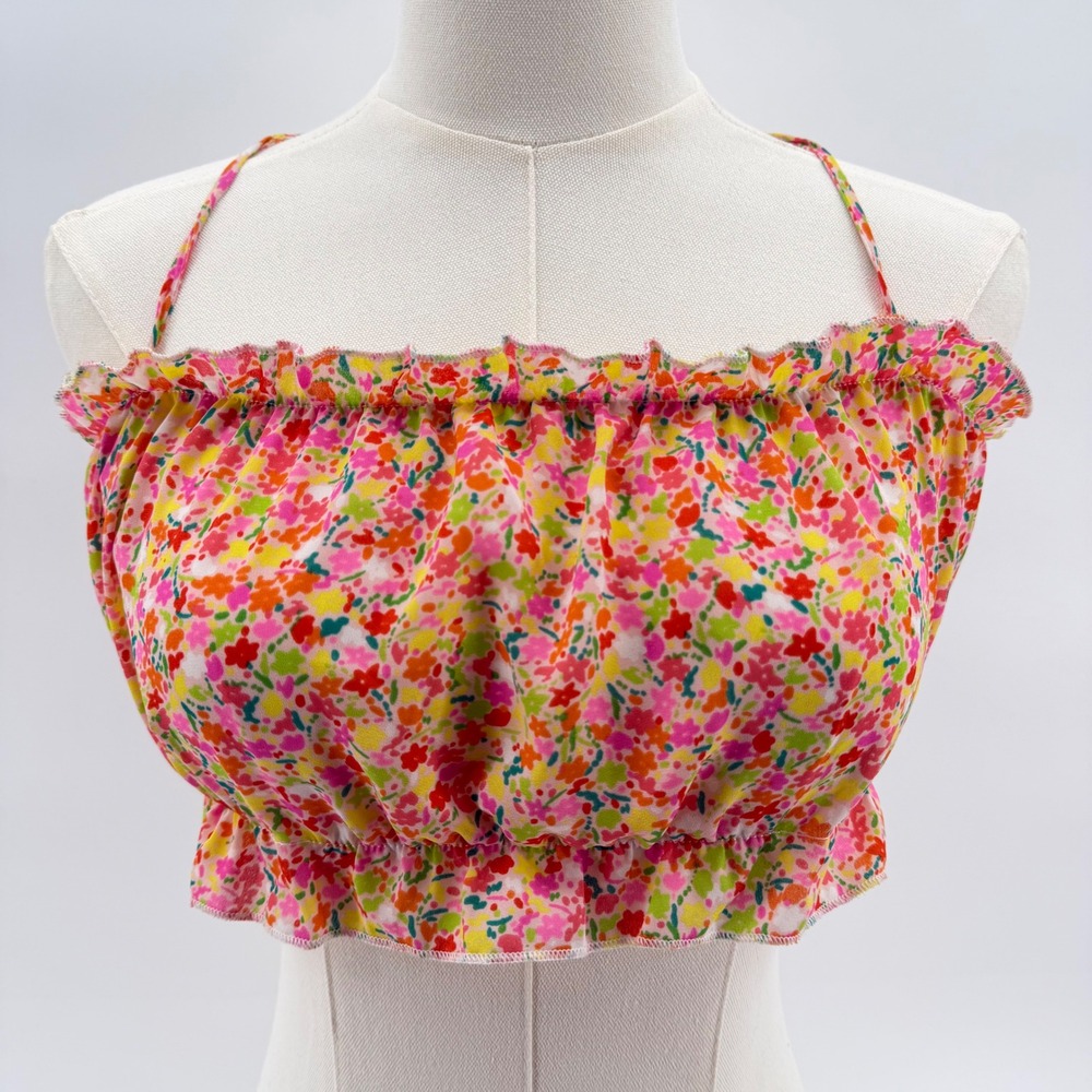Show Me Your Mumu NWT Dakota Top Women Small Pink Floral Ruffle Lace Up Crop Top